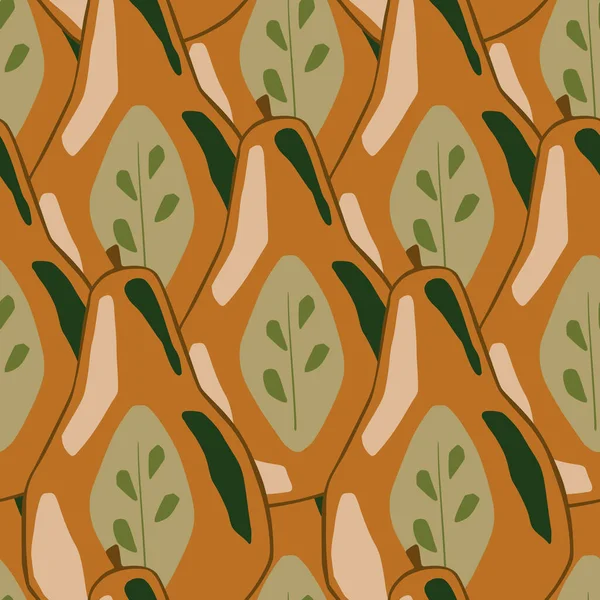 秋のトーンダークブラウンの梨の飾りとシームレスなパターン 緑の種 フルーツプリント 季節のテキスタイルプリント ファブリック バナー 背景や壁紙のためのベクトルイラスト — ストックベクタ