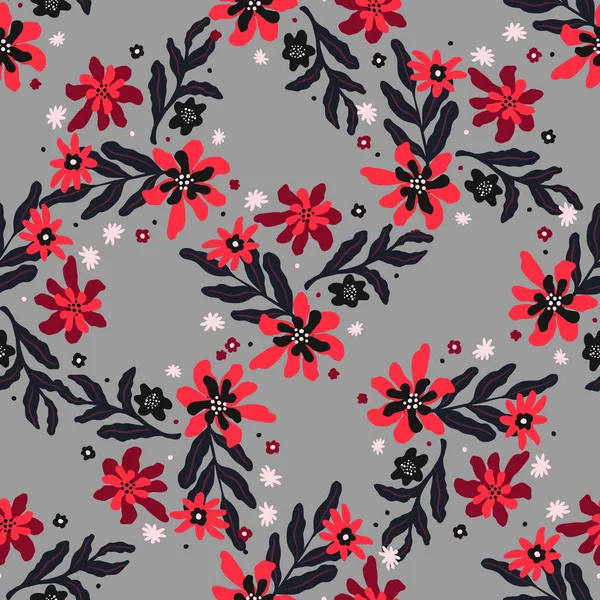 Schwarze Blätter Und Rote Blüten Kritzeln Nahtlos Naturmuster Grauer Hintergrund — Stockvektor