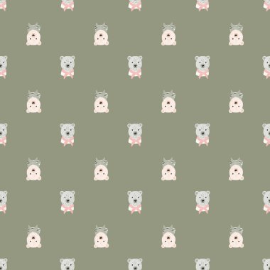 Çizgi film ayı denizci süsüsüyle soyut, kusursuz bir hayvan deseni. Gri arka plan. El çizimi stili. Mevsimlik tekstil baskıları, kumaş, afişler, arkaplanlar ve duvar kağıtları için vektör illüstrasyonu.