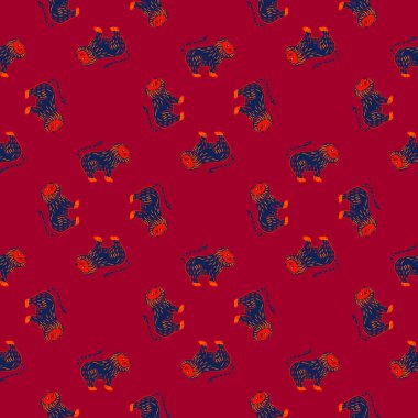 Parlak geometrik kusursuz hayvan desenli lacivert aslan süsü. Kestane rengi arka plan. Kağıt ve kumaş dokuları için grafiksel tasarım. Vektör İllüstrasyonu.