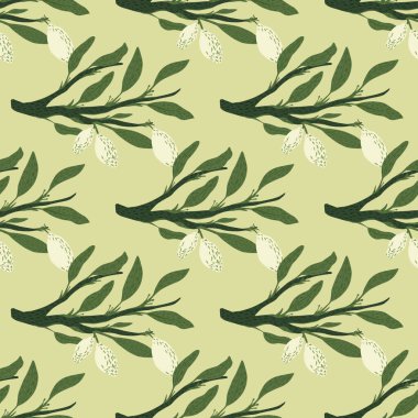 Beyaz limon şekilli ve yeşil yapraklı, dikişsiz narenciye deseni. Hafif pastel arkaplan. Tekstil, kumaş, hediye paketi, duvar kağıtları için düz vektör baskısı. Sonsuz illüstrasyon.