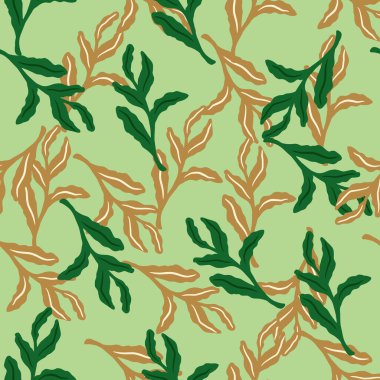 Çizgi filmlerdeki, bej ve parlak yeşil yaprak şekilli, pürüzsüz desenler. Hafif arkaplan. Tekstil, kumaş, hediye paketi, duvar kağıtları için düz vektör baskısı. Sonsuz illüstrasyon.