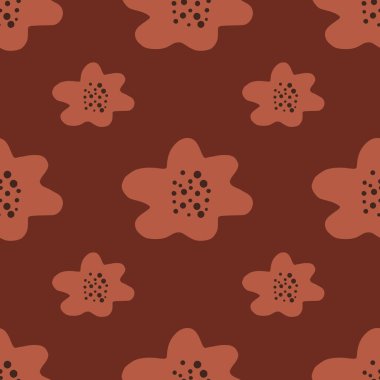 Basit çiçek siluetleri olan kusursuz botanik desenli Flora. Kestane rengi palet. Yaratıcı baskı. Stok çizimi. Tekstil, kumaş, hediye paketi, duvar kağıtları için vektör tasarımı.