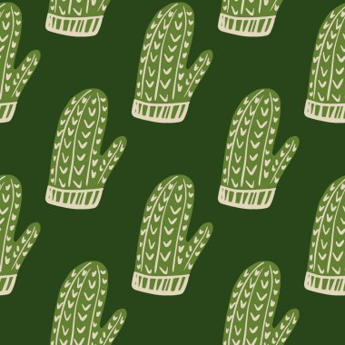 Açık yeşil eldivenler, koyu yeşil arka planlı, pürüzsüz desenli süslemeler. Kış arkaplanı. Kağıt ve kumaş dokuları için grafiksel tasarım. Vektör İllüstrasyonu.