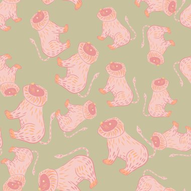 Pastel pembe aslan karalama süsüsüyle rastgele, pürüzsüz desen. Açık yeşil arka plan. Çocuklar için arka plan. Kağıt ve kumaş dokuları için grafiksel tasarım. Vektör İllüstrasyonu.