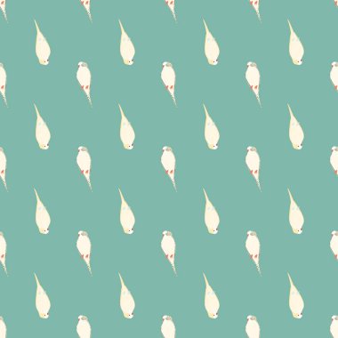 Beyaz papağan kuş siluetleri elle çizilmiş kusursuz karalama desenleri. Egzotik hayvan süsü. Mavi arka plan. Tekstil, kumaş, hediye paketi, duvar kağıtları için düz vektör baskısı. Sonsuz illüstrasyon.