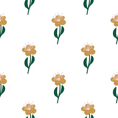 Basit çiçek siluetleri izole edilmiş, botanik, pürüzsüz desen. Bej ve yeşil renkli süs. Stok çizimi. Tekstil, kumaş, hediye paketi, duvar kağıtları için vektör tasarımı.