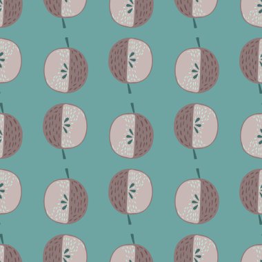 Gri tonlar soyut elma şekilleri çizgi film tarzında kusursuz desenler oluşturur. Mavi arka plan. Yemek arkaplanı. Kağıt ve kumaş dokuları için grafiksel tasarım. Vektör İllüstrasyonu.