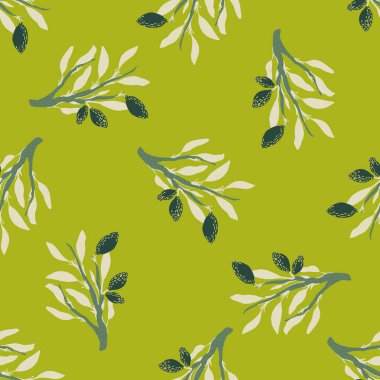Kusursuz desenli karalama yaz hasadı beyaz yapraklar ve açık yeşil arka planda limon siluetleri. Tekstil, kumaş, hediye paketi, duvar kağıtları için düz vektör baskısı. Sonsuz illüstrasyon.