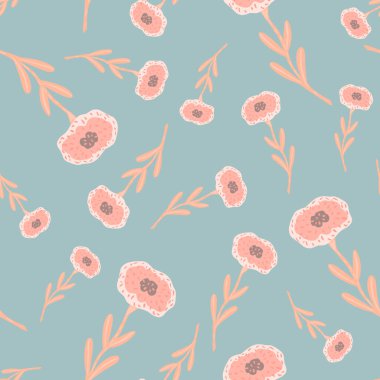 Rastgele çizilmiş pembe çiçekler, dikişsiz elle çizilmiş desenler. Mavi pastel arka plan. Tekstil, kumaş, hediye paketi, duvar kağıtları için düz vektör baskısı. Sonsuz illüstrasyon.