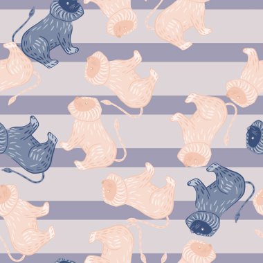 Çocuksu karalamalı aslan siluetleri ile kusursuz rastgele desenler. Mavi ve mor çizgili arka plan. Kağıt ve kumaş dokuları için grafiksel tasarım. Vektör İllüstrasyonu.