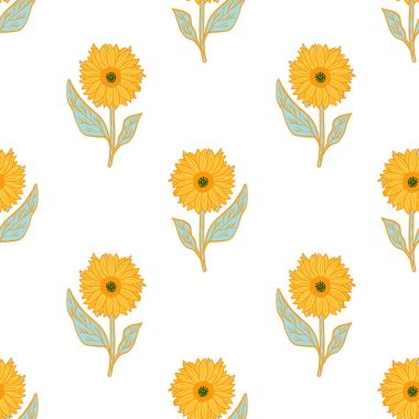 İzole edilmiş, pürüzsüz desen, parlak sarı ayçiçeği süsü. Beyaz arka plan. Dekorasyon doğa baskısı. Kağıt ve kumaş dokuları için grafiksel tasarım. Vektör İllüstrasyonu.