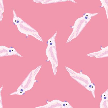 Beyaz elle çizilmiş kakadu desenli, parlak ve egzotik bir hayvanat bahçesi deseni. Pembe arka plan. Mevsimlik tekstil baskıları, kumaş, afişler, arkaplanlar ve duvar kağıtları için vektör illüstrasyonu.