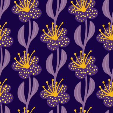 Yaratıcı el çizimi, çiçek siluetleriyle kusursuz desen. Mor arka plan. Klasik baskı. Stok çizimi. Tekstil, kumaş, hediye paketi, duvar kağıtları için vektör tasarımı.