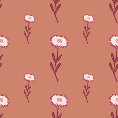 Minimalist stil, beyaz çiçekli kusursuz botanik deseni. Mercan arka planı. Tekstil, kumaş, hediye paketi, duvar kağıtları için düz vektör baskısı. Sonsuz illüstrasyon.