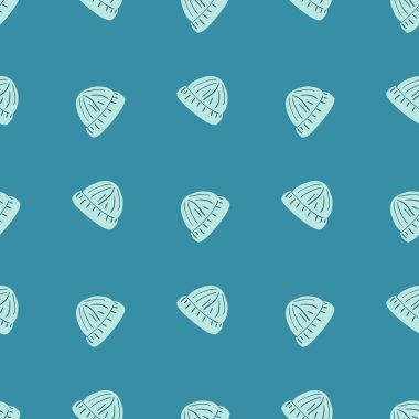 Parlak kış aksesuarları ve karalama bere süsü. Mavi palet çizimi. Stok çizimi. Tekstil, kumaş, hediye paketi, duvar kağıtları için vektör tasarımı.