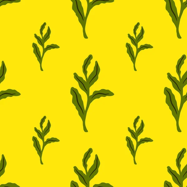Яркий Узор Природы Зелеными Силуэтами Ветвей Листьев Желтый Фон Плоская — стоковый вектор