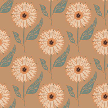 Karikatür ayçiçeği süsüyle kusursuz bir desen oluşturun. Bej arka plan. Yaratıcı tasarım. Kağıt ve kumaş dokuları için grafiksel tasarım. Vektör İllüstrasyonu.