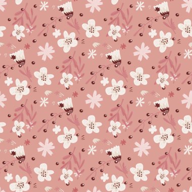 Beyaz çiçek şekilli ve pembe arkaplanlı şirin, dikişsiz bir klasik desen. Pastel tonları sanat eserleri. Kağıt ve kumaş dokuları için grafiksel tasarım. Vektör İllüstrasyonu.