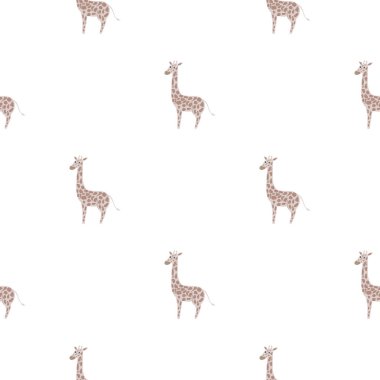 Çizgi film gri zürafa siluetleriyle dekoratif, pürüzsüz desen. Beyaz arka plan. Minimalist stil. Mevsimlik tekstil baskıları, kumaş, afişler, arkaplanlar ve duvar kağıtları için vektör illüstrasyonu.