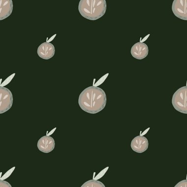 Minimalist, pürüzsüz desenli, karalama grisi elma süslemeli. Koyu yeşil zeytin. Stok çizimi. Tekstil, kumaş, hediye paketi, duvar kağıtları için vektör tasarımı.