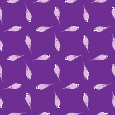 Geometrik, soyut, dikişsiz, papağan desenli. Mor arka plan. Hayvanat bahçesi arkaplanı. Tekstil, kumaş, hediye paketi, duvar kağıtları için düz vektör baskısı. Sonsuz illüstrasyon.