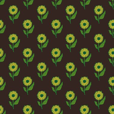 Parlak yeşil çiçekler, kusursuz botanik alan deseni. Kahverengi arka plan. El çizimi dekoratif fon. Kağıt ve kumaş dokuları için grafiksel tasarım. Vektör İllüstrasyonu.