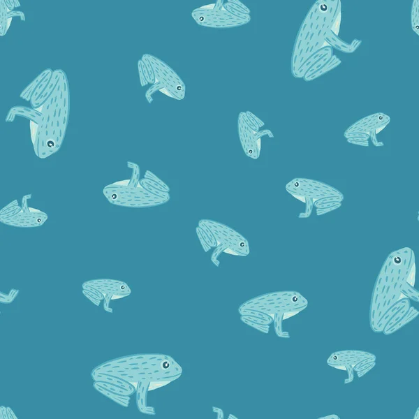 ドアの子供カエルの装飾プリントとシームレスなランダムパターン 青い色の動物の水生生物 ストックイラスト テキスタイル ファブリック ギフトラップ 壁紙のためのベクトルデザイン — ストックベクタ