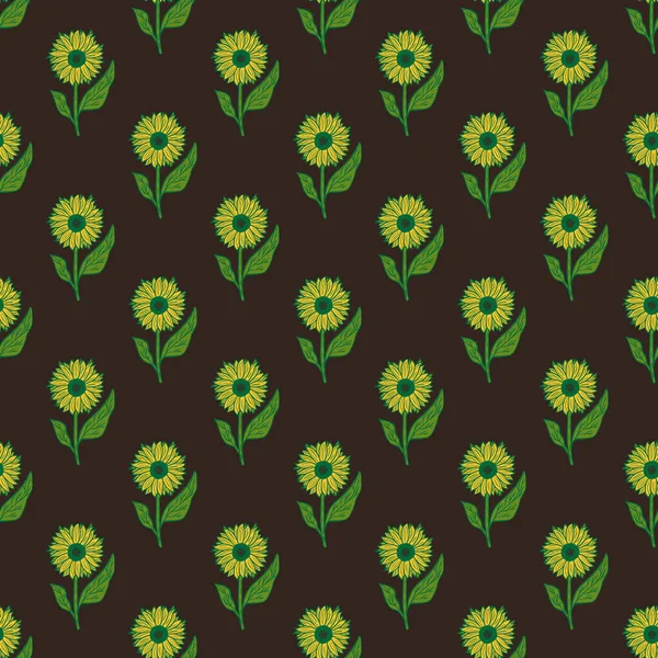 Bright Green Flowers Seamless Botanical Field Pattern Brown Background Hand — Stock Vector