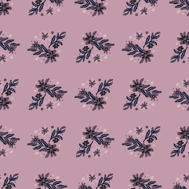 Mor renkli çiçekler ve çiçek buketi desenli el çizimleri. Leylak arkaplan. Tekstil, kumaş, hediye paketi, duvar kağıtları için düz vektör baskısı. Sonsuz illüstrasyon.