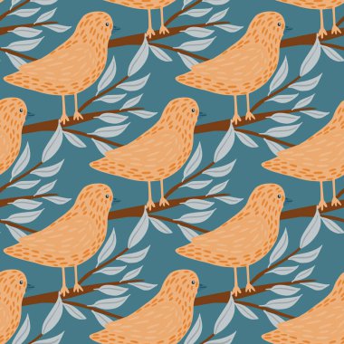 Karalama stilinde bej renkli el çizilmiş kuş pürüzsüz desen. Şube elementleri. Mavi arka plan. Mevsimlik tekstil baskıları, kumaş, afişler, arkaplanlar ve duvar kağıtları için vektör illüstrasyonu.