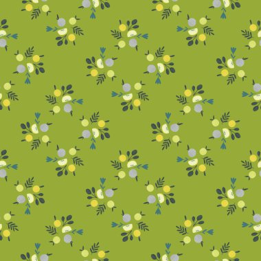 Botanik elmalı ve siluetli organik hasat deseni. Yeşil arka plan. Yemek baskısı. Stok çizimi. Tekstil, kumaş, hediye paketi, duvar kağıtları için vektör tasarımı.