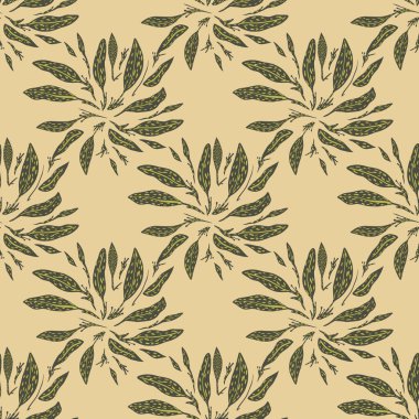 Yaprak süsleme desenleri el çizimi tarzında. Bej arka plan. Dekoratif doğa baskısı. Kağıt ve kumaş dokuları için grafiksel tasarım. Vektör İllüstrasyonu.