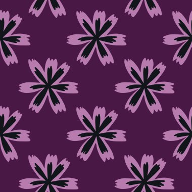 Elle çizilmiş çiçek siluetleriyle mor, pürüzsüz desen. Yaratıcı çiçek tasarımı. Tekstil, kumaş, hediye paketi, duvar kağıtları için düz vektör baskısı. Sonsuz illüstrasyon.