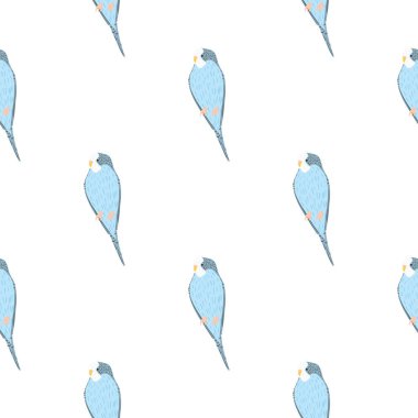 El çizimi mavi papağan süsüsüyle izole edilmiş karalama deseni. Beyaz arka plan. Basit bir tasarım. Tekstil, kumaş, hediye paketi, duvar kağıtları için düz vektör baskısı. Sonsuz illüstrasyon.