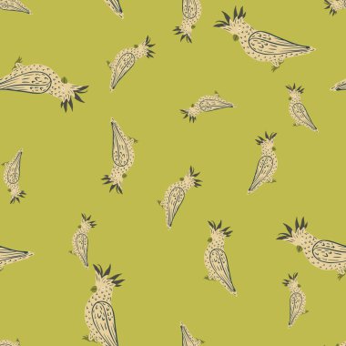 Gri şekilli papağan şekilli rastgele karalama hayvanat bahçesi deseni. Açık yeşil arka plan. Tekstil, kumaş, hediye paketi, duvar kağıtları için düz vektör baskısı. Sonsuz illüstrasyon.