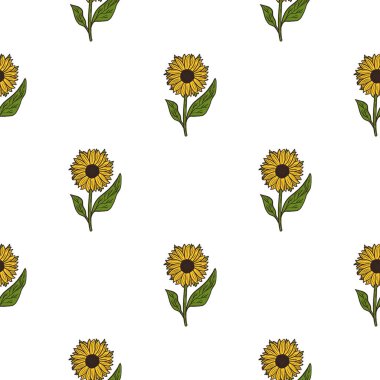 Basit sarı ayçiçeği siluetleriyle izole edilmiş, pürüzsüz botanik desen. Beyaz arka plan. Kağıt ve kumaş dokuları için grafiksel tasarım. Vektör İllüstrasyonu.