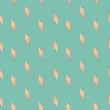 Pembe papağan süsüsüyle çocuk tarzında soyut, pürüzsüz bir desen. Mavi parlak arka plan. Tekstil, kumaş, hediye paketi, duvar kağıtları için düz vektör baskısı. Sonsuz illüstrasyon.