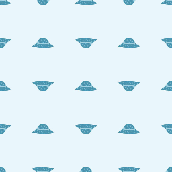 Seamless pattern with creative hand drawn blue panama hats ornament. Pastel light background. Graphic design for wrapping paper and fabric textures. Vector Illustration.