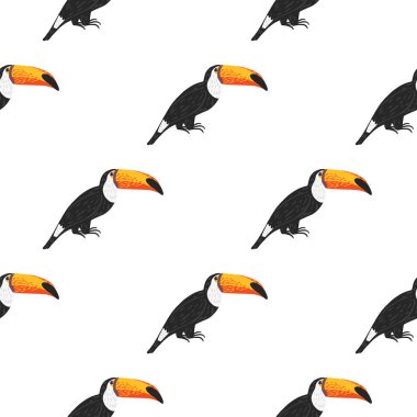 Siyah ve sarı renkli şirin Tukan kuş süslemeleri olan kusursuz karalama desenli hayvanat bahçesi. Beyaz arka plan. Tekstil, kumaş, hediye paketi, duvar kağıtları için düz vektör baskısı. Sonsuz illüstrasyon.