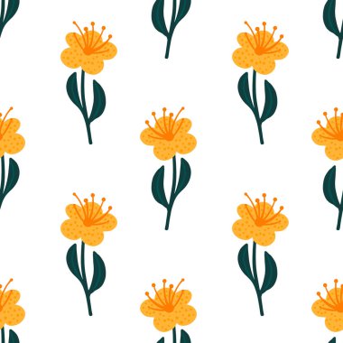 İzole edilmiş, pürüzsüz, parlak sarı çiçek izli. Beyaz arka plan. Meadow Flora arka planı. Stok çizimi. Tekstil, kumaş, hediye paketi, duvar kağıtları için vektör tasarımı.