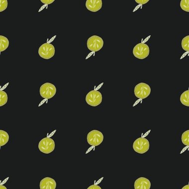 Kontrastsız desen, karalama elle çizilmiş yeşil elma şekilleri. Siyah arka plan. Meyve arkaplanı. Stok çizimi. Tekstil, kumaş, hediye paketi, duvar kağıtları için vektör tasarımı.