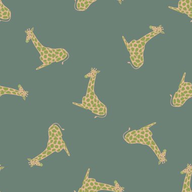 Çizgi filmlerdeki bej zürafa hayvan süsüyle donuk, pürüzsüz bir desen. Turkuaz arka plan. Mevsimlik tekstil baskıları, kumaş, afişler, arkaplanlar ve duvar kağıtları için vektör illüstrasyonu.