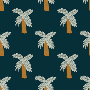 Koyu, pürüzsüz desenli, karalama elle çizilmiş palmiye ağacı siluetleri. Deniz mavisi. Çizgi film tarzı. Kağıt ve kumaş dokuları için grafiksel tasarım. Vektör İllüstrasyonu.