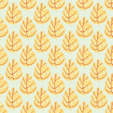 Yaratıcı, turuncu elli, kusursuz desenli, canavar yeşillikleri çizilmiş. Hafif arkaplan. Mevsimlik tekstil baskıları, kumaş, afişler, arkaplanlar ve duvar kağıtları için vektör illüstrasyonu.