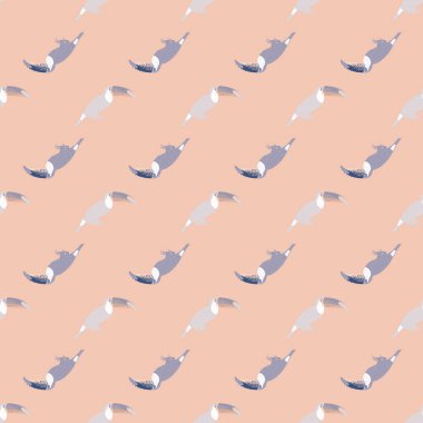 Pastel, çizgi filmdeki Toucan kuşlarının siluetleriyle kusursuz bir desen çizer. Pembe arka plan. Çocuksu bir parmak izi. Tekstil, kumaş, hediye paketi, duvar kağıtları için düz vektör baskısı. Sonsuz illüstrasyon.