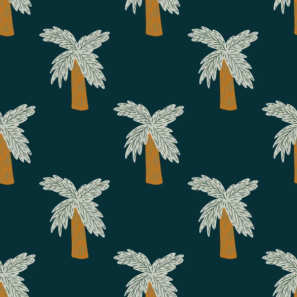 Koyu, pürüzsüz desenli, karalama elle çizilmiş palmiye ağacı siluetleri. Deniz mavisi. Çizgi film tarzı. Kağıt ve kumaş dokuları için grafiksel tasarım. Vektör İllüstrasyonu.