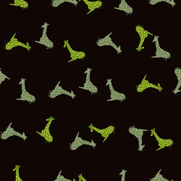 黑色动物狩猎无缝图案与卡通绿色随机长颈鹿打印 黑色背景 季节性纺织品印花 背景色和墙纸的矢量图解 — 图库矢量图片