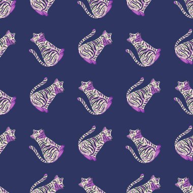 Basit mor yırtıcı kaplan desenli, kusursuz çizgi film kaplanı deseni. Deniz mavisi. Karalama çizimleri. Stok çizimi. Tekstil, kumaş, hediye paketi, duvar kağıtları için vektör tasarımı.