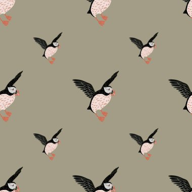Minimalistic seamless pattern with black doodle puffin bird shapes. Beige background. Pastel palette artwork. Flat vector print for textile, fabric, giftwrap, wallpapers. Endless illustration.